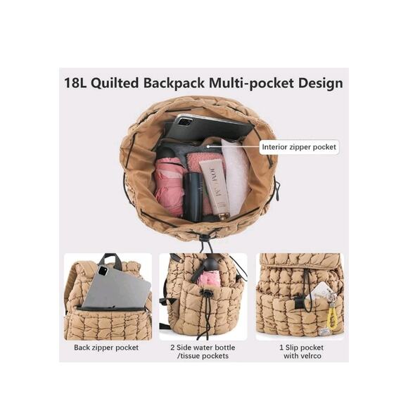 Quilted Puffer Backpack for Women, Lightweight Puffy Hiker Pack, Khaki - Picture 5 of 9